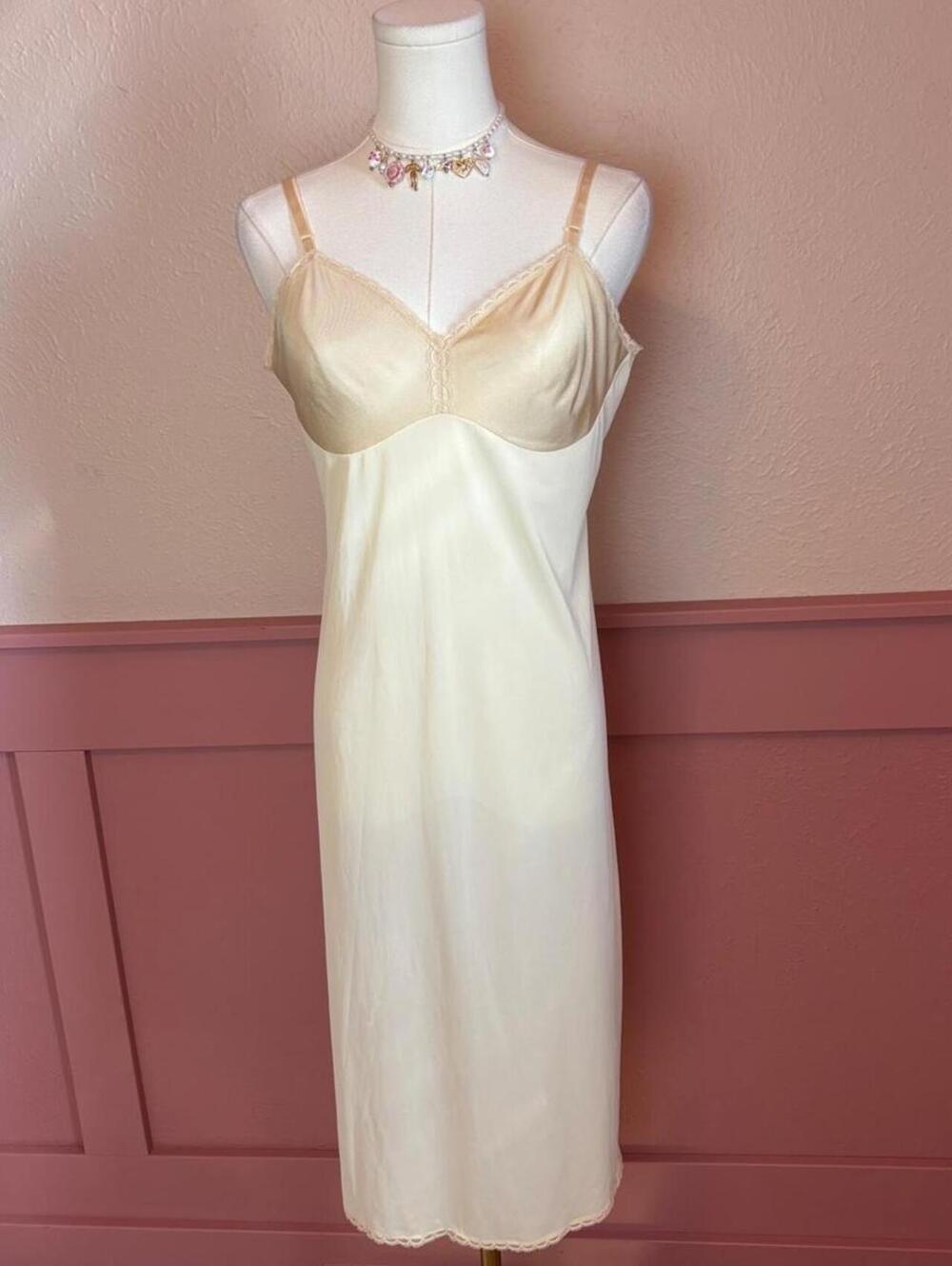 cream satin slip midi dress  vanity fair nylon vintage lace hem whimsy fairy